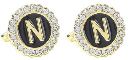 Dsnyu Manschettenknöpfe Initialen, Manchettenknoepfe Herren Buchstabe N Zirkonia Runde Form Hochzeit Schmuck Goldschwarz für Hemd mit Geschenkbox