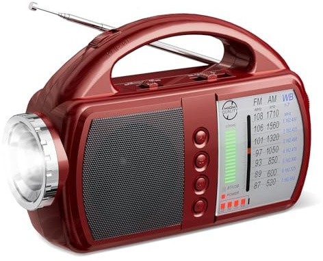 Audiocrazy AM/FM/NOAA Weather Radio with Bluetooth Rechargeable Emergency Radio Built-in Rechargeable Battery or 4 AA Battery Operated & AC Power Plug in Wall for Home Camping RED