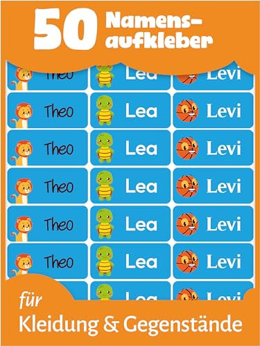 LabelTiger® Personalisierte Namensaufkleber für Kinder - 60 Stück, Selbstklebend & Wasserfest, Ideal für Kita, Schule, Kleidung & Gegenstände - Blau