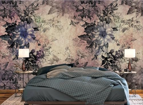Fototapete Blumen 3D Tapeten 3D Effekt Wohnzimmer Schlafzimmer Vliestapete Vintage Nostalgie Rose Blume Pflanze Rebe Natur Grau Graffiti Steinoptik Kinder Tapeten