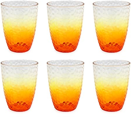 Carousel Home Pack of 6 Orange Ombre Embossed Plastic Tumbler Glasses | Set of 6 Plastic Drinking Glasses Clear Plastic Glasses | Reusable Drinkware Outdoor Drinks Glasses - 400ml