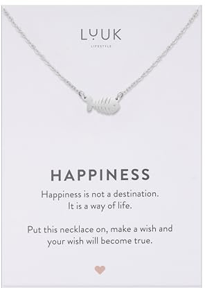 LUUK LIFESTYLE Collana con ciondolo lisca di pesce e acciaio inossidabile (50cm), con carta HAPPINESS, gioielli semplice, portafortuna, idea regali donna, lei, compleanno, mare, argento