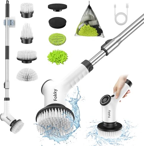 Fokky Reinigungsbürste Elektrisch, Elektrische Bürste Zum Putzen 8 auswechselbaren Bohrmaschinenbürstenköpfen, Verstellbarer Putzbürste Elektrisch, 480 RPM/Min Elektrische Reinigungsbürste