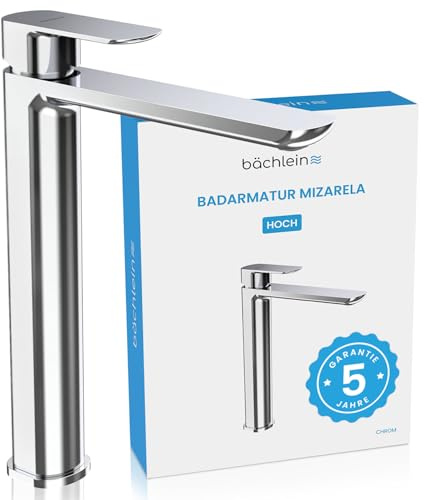 Bächlein badrumskran Mizarela hög i klassisk design, engreppsblandare för toppmonterat tvättställ med hållbar keramisk patron och monteringssats, badrumskran krom – platt pip