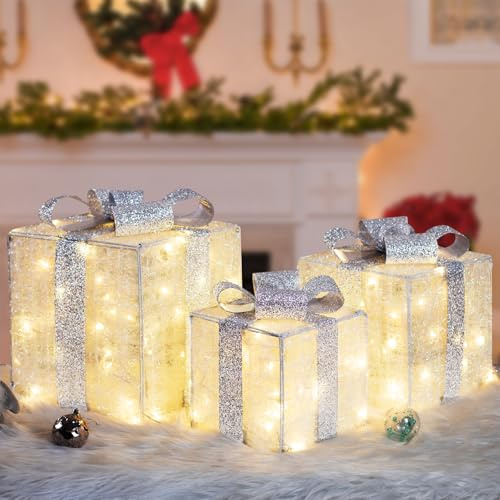 Quntis 3 Set LED Geschenkbox Weihnachtsdeko Innen Strombetrieben | 117 warmweiße LEDs, 30CM Großer beleuchtete Boxen, Lichterdeko Geschenkpakete für Weihnachtsbaum Fensterbank Garten