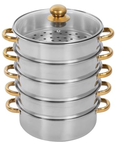 26/28/30 cm - 5 étages - Cuiseur vapeur en acier inoxydable - Avec couvercle en verre - Doré et argenté - Convient pour les plaques à gaz, les plaques à induction et les casseroles électriques, etc