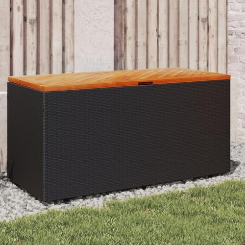 Buzaza Gartentruhe Schwarz 110x50x54 cm Aufbewahrungsbox Garten GeräTeschrank Gartentruhe Balkon Box Auflagenboxen Poly Rattan Akazienholz