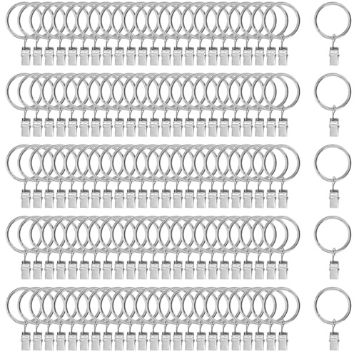 KEILEOHO 120 stycken 32 mm gardinringar med klämmor, metallgardinringar med klämmor, silver gardinklämmor med ringar och ring