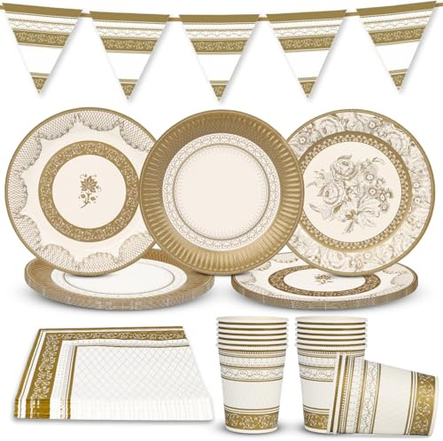 Talking Tables Set da Festa Oro e Bianco - Stoviglie Monouso per 16 Ospiti, Tè Pomeridiano Natalizio, Piatti, Bicchieri, Tovaglioli, Copritavolo e Ghirlanda