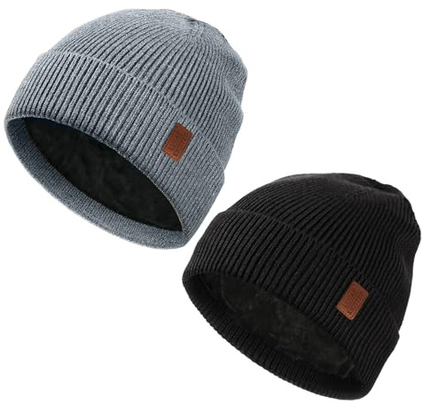 EOAMGO 2 Packs Beanie Hat Men, Winter Hats Wooly Hat Warm Thermal Hat for Men, Stretchy Soft Comfortable Daily Cuffed Hats Outdoor Gifts for Men Women
