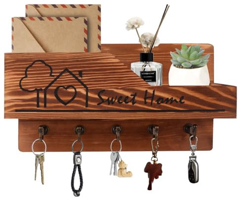 Gocokia Porta posta e portachiavi decorativo da parete, organizer per posta in legno con 5 ganci per chiavi, ganci da parete con cassetta delle poste, mensola per posta, lettere, giornali e riviste