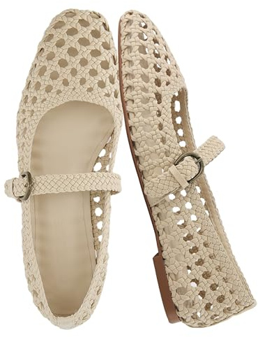 CUSHIONAIRE Weston Hand Woven Mary Jane Flats for Women, Comfortable Dressy Ballet Flats with Braided Adjustable Buckle and Memory Foam Cushioning, Wheat 9