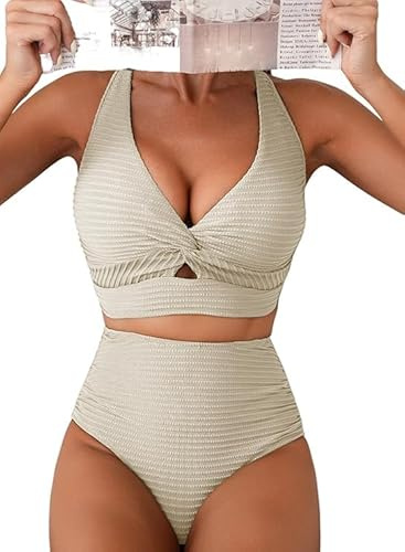 Hanaoops Women's Bikini Sets Textured Swimwear Push Up High Waisted Two Piece Swimsuits Sexy Twist Front Bikini Top Ruched Tummy Control Bottom Bathing Suits Summer Beach Wear Set Beige