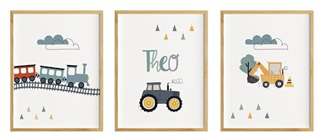 Generisch Kinderzimmer Bilder Junge personalisierbar mit Namen, Wanddeko mit einer Eisenbahn, Feuerwehrwagen und Bagger als 3er Poster Set ohne Rahmen (2. Weiß, DIN A3 (29,7x42 cm))