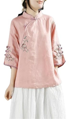 BoShiNuo Chemise chinoise en coton et lin pour femme Printemps Été Col montant boutonné Revers oblique Brodé Service à thé, rose, L