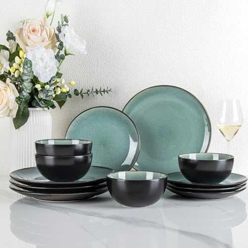 GBhome Stoneware Dinner Sets for 4 People, 12 Pieces Handcrafted Plates and Bowls Set, Scratch Resistant Dinnerware Set, Dishwasher & Microwave Safe Dishes, Petrol