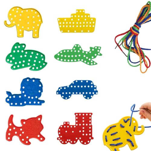 RGEVGER 8 Pcs Threading Toys, Plastic Stringing Toys for Kids, Fine Motor Skills Lacing Set, Transport Shape Travel Toyss, DIY Preschool Activity Toy, Educational Gift for 2+ Year Old Boys and Girls
