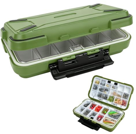 Fishing Tackle Box, ABS Waterproof Fishing Storage Box, Small Compact Lure Storage with 30 Removable Compartments for Hooks, Baits, Beads and Small Tools (Green)