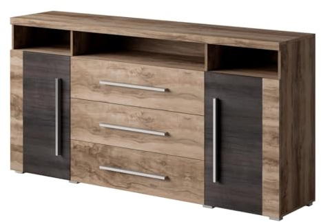 Meublorama Buffet BRAZZA 2 Portes 3 tiroirs – Coloris Noyer Satin – Niches Ouvertes – 182 cm