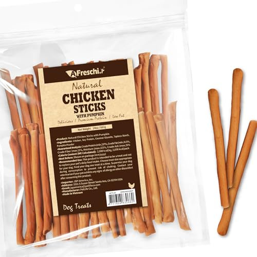 A Freschi srl Chicken Dog Treats, All Natural, Healthy & Easily Digestible, Grain-Free Puppy Chews, Low-Fat, Human Grade Training & Rewards Dog Snacks, Chicken Sticks with Pumpkin, 24 oz Pack