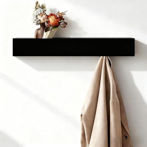 HERKINDNESS Wandgarderobe mit Ablage, Mattes Schwarz Hakenleiste Garderobe, Wandhaken Garderobe mit 5 Versteckten Haken, Oben Kann Man Gegenstände Ablegen, für Wohnzimmer, Flur