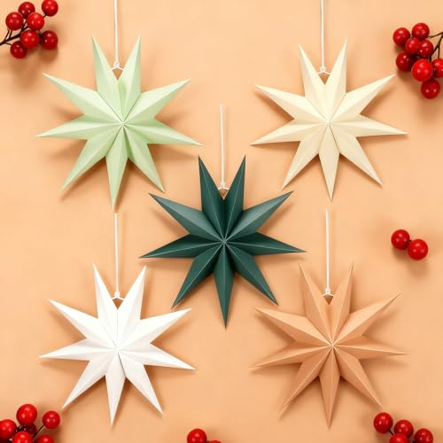 Stella di Natale da appendere, stelle di carta di Natale, marrone, stelle di carta, 30 cm, confezione da 5, verde scuro, 9 rami bianchi, verde salvia, decorazione per feste per Natale, matrimonio