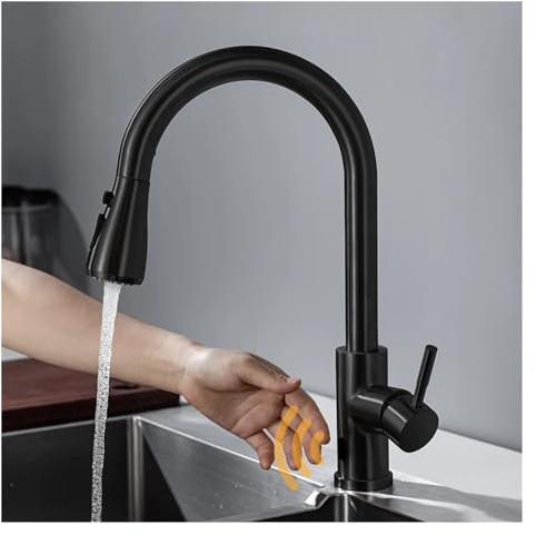 Touchless Kitchen Faucet - Brushed Nickel Pull-Out Infrared Sensor Tap - Modern Black Water Mixer - Hands-Free Operation for Easy Cleaning and Convenience