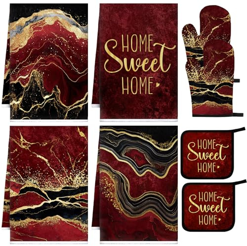 Leinuosen 8 Pcs Burgundy Marble Kitchen Towels and Dishcloths Sets Oven Mitts and Pot Holders Sets Absorbent Kitchen Gloves Potholders Heat Resistant for Chef Baking Cooking