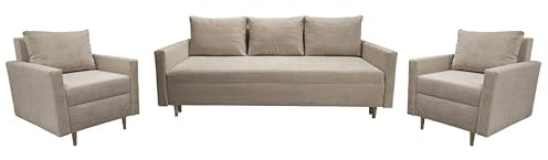 DMSM Scandik Wohnzimmer-Set, Cord-Polstergarnitur mit Schlafsofa und 2 Sesseln, Beige, Skandinavischer Stil, 210x88x90 cm, Sofa Bonell-Federung (Beige)