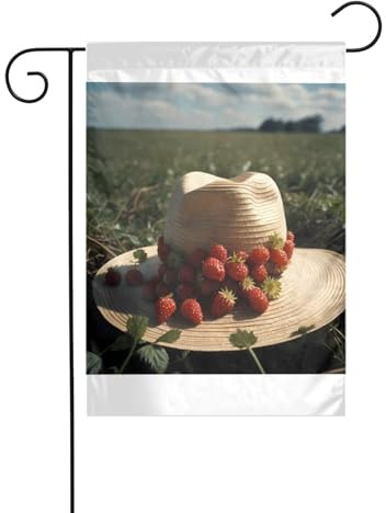 Wzywhj Wilde Erdbeeren in Strohhut, Bild Sommer-Gartenflagge, doppelseitige Dekoration, Innenhof, 30,5 x 45,7 cm