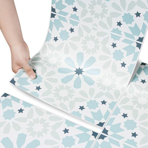 Stickyart Lino Sol Rouleau Bleu Vert Dalle PVC Adhesive Sol Toilette Imperméable 30cmX360cm Bohème Vert Menthe Lame PVC Adhesive Dalle Cuisine Carrelage Adhesif Salle de Bain Credence Adhesif Deco