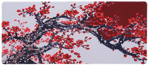 BCOATH Grand Tapis de Souris de Bureau 300x800x3mm en Caoutchouc Antidérapant, Motif Fleurs de Cerisier Noir et Blanc, Tapis de Souris de Jeu Bords Cousus, Accessoire Ergonomique