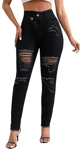 JEShifangjiusu kvinnor hög midja rippade smala jeans asymmetrisk kors midja stretch denimbyxor slitna slitna fållbyxor, Svart, M