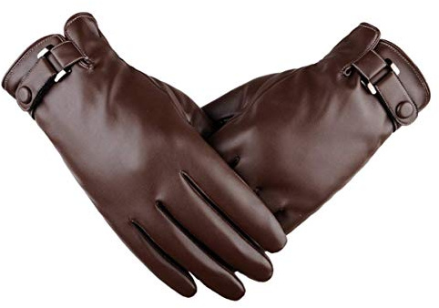 Men’s Winter Autumn Black Brown PU Leather Plus Thick Velvet Touch Screen Gloves - brown - Middle