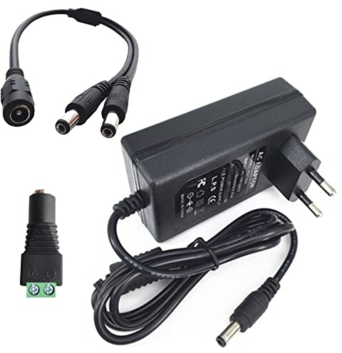 DZYDZR AC/DC Adapter Power Supply DC 12V 3A Netzadapter Wall Plug 2,1/2,5mm x 5,5mm Plug für LED Band und 12V Buchse Kabelstecker und 1 auf 2 Y-Splitter Kabel