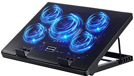 Kootek Laptop Cooling Pad, Laptop Cooler with 5 Quiet Fans for 12-17 Computer PC Notebook Gaming Laptop Fan, Height Adjustable Laptop Cooling Stand Laptop Accessories, Blue