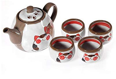 lachineuse - Servizio da tè giapponese Maneki Neko - con teiera e 4 tazze in porcellana - Idea regalo Giappone Gatto Kawaii Carino per compleanno, Natale - Stoviglie giapponesi Asia
