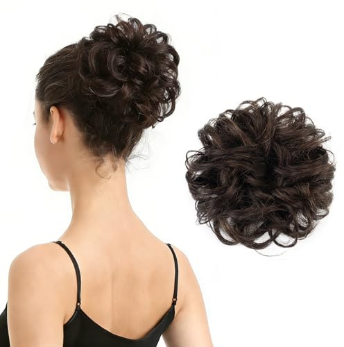 BARSDAR 100% Human Hair Bun Extension - Real Human Hair Dark Brown Messy Bun Scrunchie for Women - Elastic Wavy Brown Updo Extensions Thick Soft Fluffy Natural Looking Chignons Hairpieces Daily