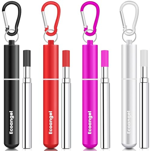 Ecoangel Cruise Ship Essentials, paquete de 4 pajitas reutilizables plegables de acero inoxidable con funda de aluminio, cepillo de limpieza y llaveros (negro, oro rosa, plata y rojo)