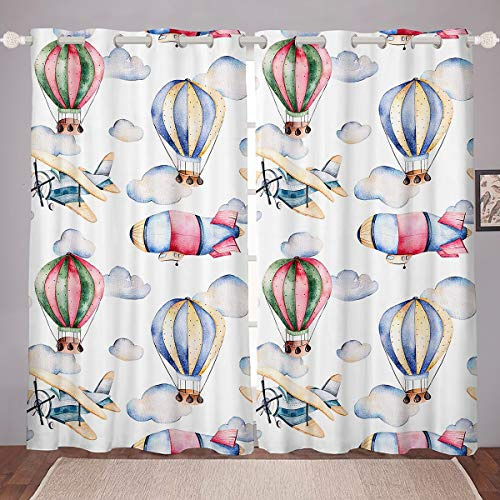 Barngardiner flygplan varmluftsballong gardiner för sovrum vardagsrum för barn pojkar flickor tecknat flygplan fönster draperier allergivänlig rumsdekoration, B 117 x L 182 cm