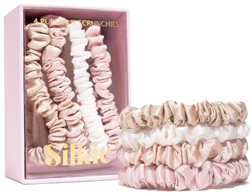 SILKIE x 4 set 100 % rent mullbärssilke naken rosa neutral smal scrunchies resväska vardagshårband hästsvanshållare ingen skada