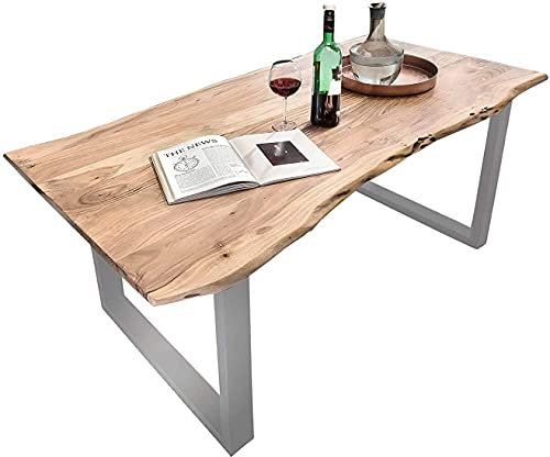SAM Baumkantentisch 120x80 cm Quarto, Akazienholz massiv + naturfarben, Esstisch mit silbernem U-Gestell, Esszimmertisch/Holztisch Industrial-Design, Tischplatte 26 mm