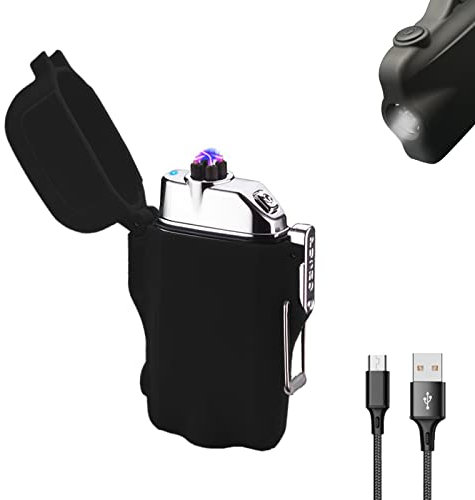 Accendino antivento impermeabile a doppio arco accendino elettrico con torcia a LED, ricaricabile con USB senza fiamma e cordino per campeggio(nero)