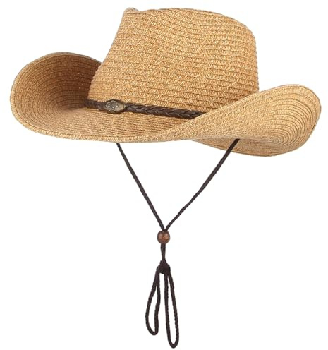 GEMVIE Men and Women Summer Cowboy Hat Crushable Western Straw Cowgirl Hat with Windproof Rope Straw Sun Hats Brown