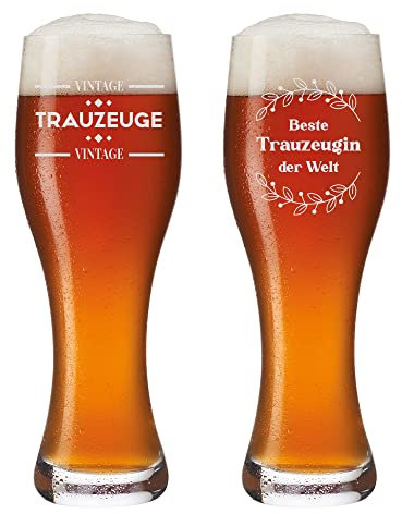 polar-effekt Leonardo Weizenbierglas 2er Set 0,5 L - mit Gravur - Weizenglas für Mann und Frau - Weißbier, Weizen, Hefeweizen - Bavaria Bier Geschenk - Motiv Trauzeuge und Trauzeugin