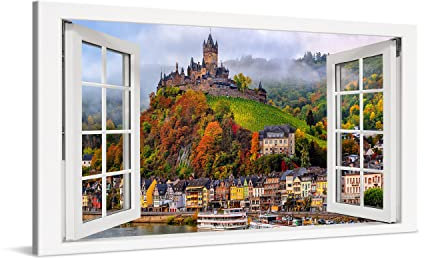 PICANOVA – Premium Leinwanddruck – Leinwandbild Reichsburg Cochem Mosel im Fenster 100x50cm – Kunstdruck Auf 2cm Holz-Keilrahmen Für Schlaf- Und Wohnzimmer – Kollektion Deutschland