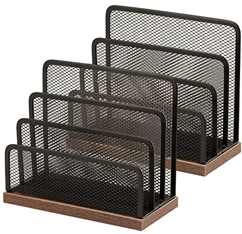 Schreibtisch-Organizer aus Holz, Desktop-Aktenordner, Metallgeflecht mit 3 vertikalen aufrechten Fächern, Postsortierer, Brief-Organizer für Briefe, Postkarten, Broschüren, Posthalter (2 Stück)