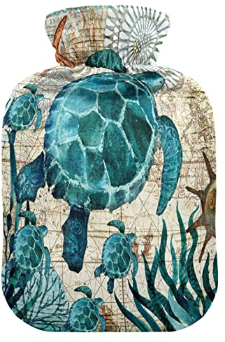 Sea Ocean Seestern Schildkröte Kunst Wärmflasche mit Bezug, 1 l Transparenter Heißwasserbeutel Heiß Kalt Kompresse, ideal für Krämpfe, Rücken Schulter Schmerzlinderung, Kinder, Männer, Frauen,