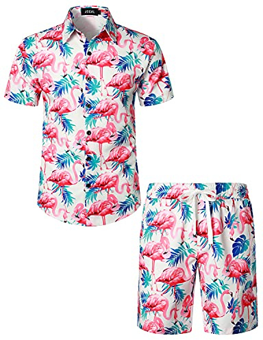 JOGAL Herren Hawaii Hemd Männer Flamingo Kurzarmhemd und Kurze Hose Set Strand Outfit Sommerhemd Für Mann