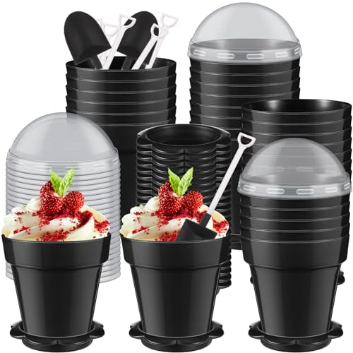 Honeydak 50 Pack Flowerpot Dessert Cup Plastic Cake Cups with Lid Shovel Spoon Bottom Tray Small Flower Pot Cups Dessert Ice Cream Yogurt Containers Holder for Ice Cream DIY(Black)